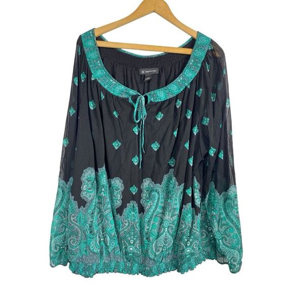 INC 3X Tunic Blouse Top Black Sheer Gauzy Sleeve Peasant Boho Chiffon Paisley - Picture 2 of 9